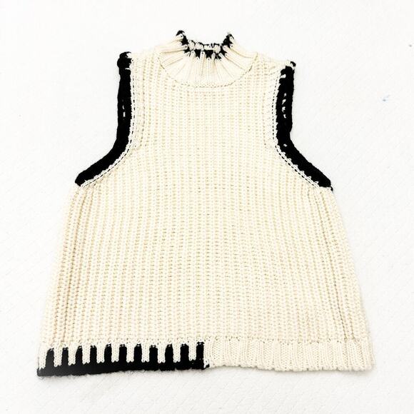 Reserved Poland Cream Sleeveless Knit Crochet Sweater Black Trim Size M - Picture 1 of 6